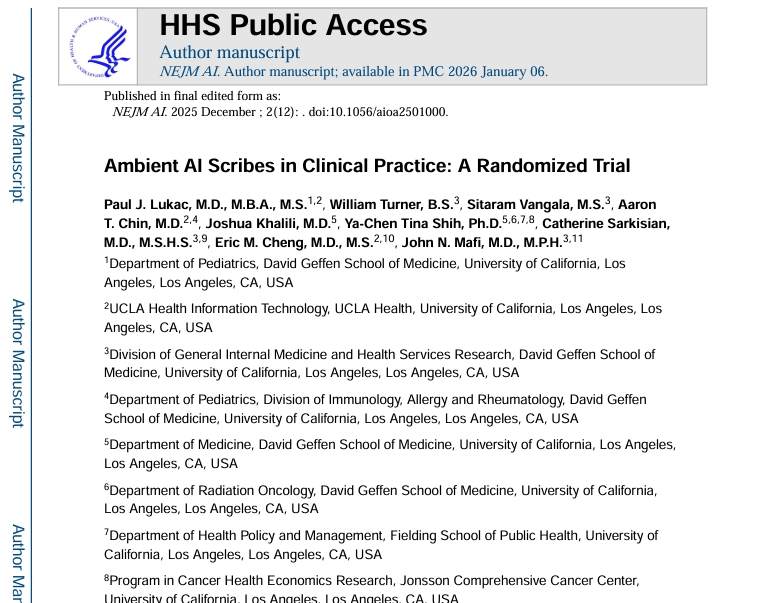 Ambient AI Scribes in Clinical Practice — NEJM AI 2025